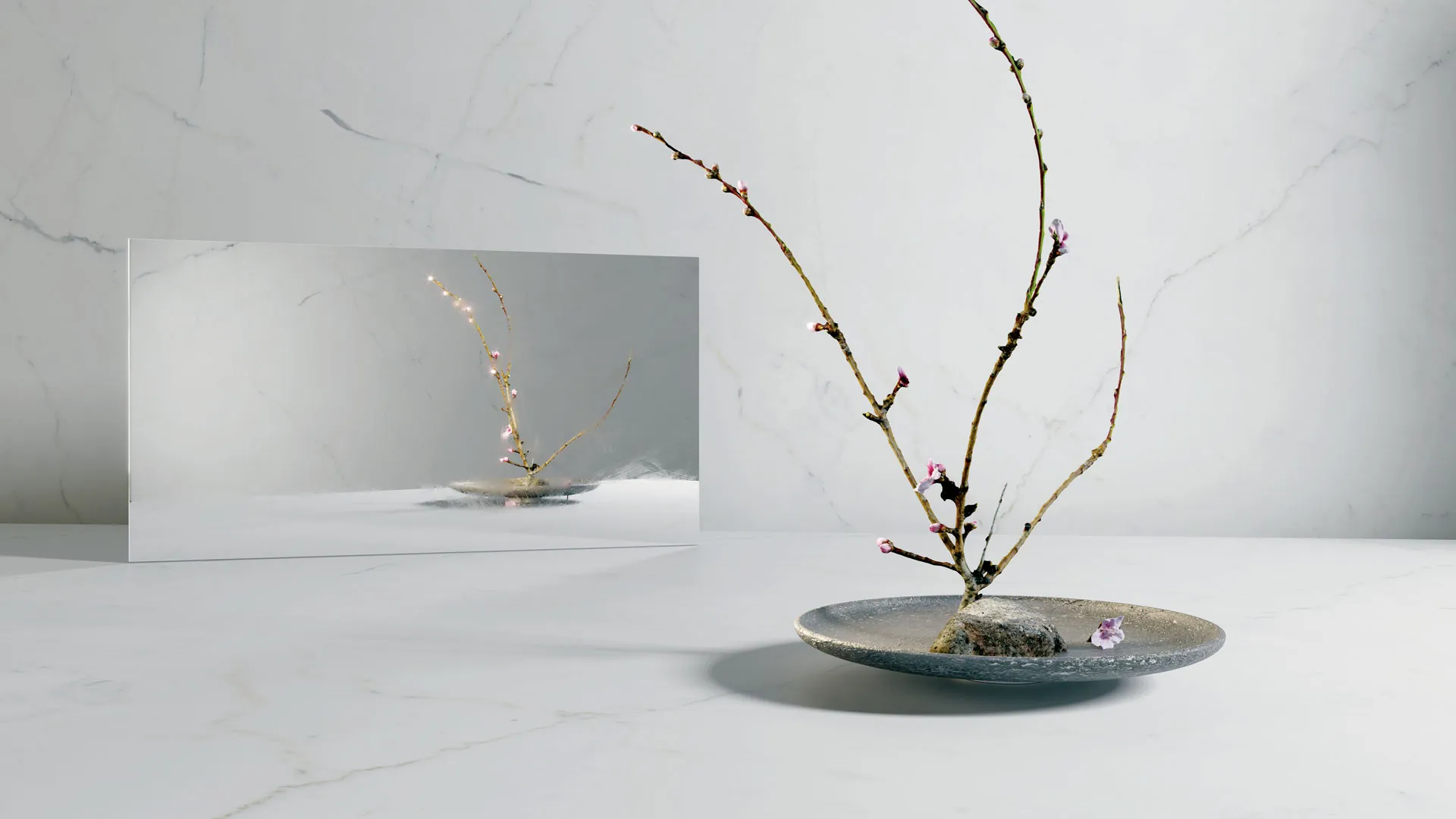Caesarstone Porcelain surface with branches and mirror