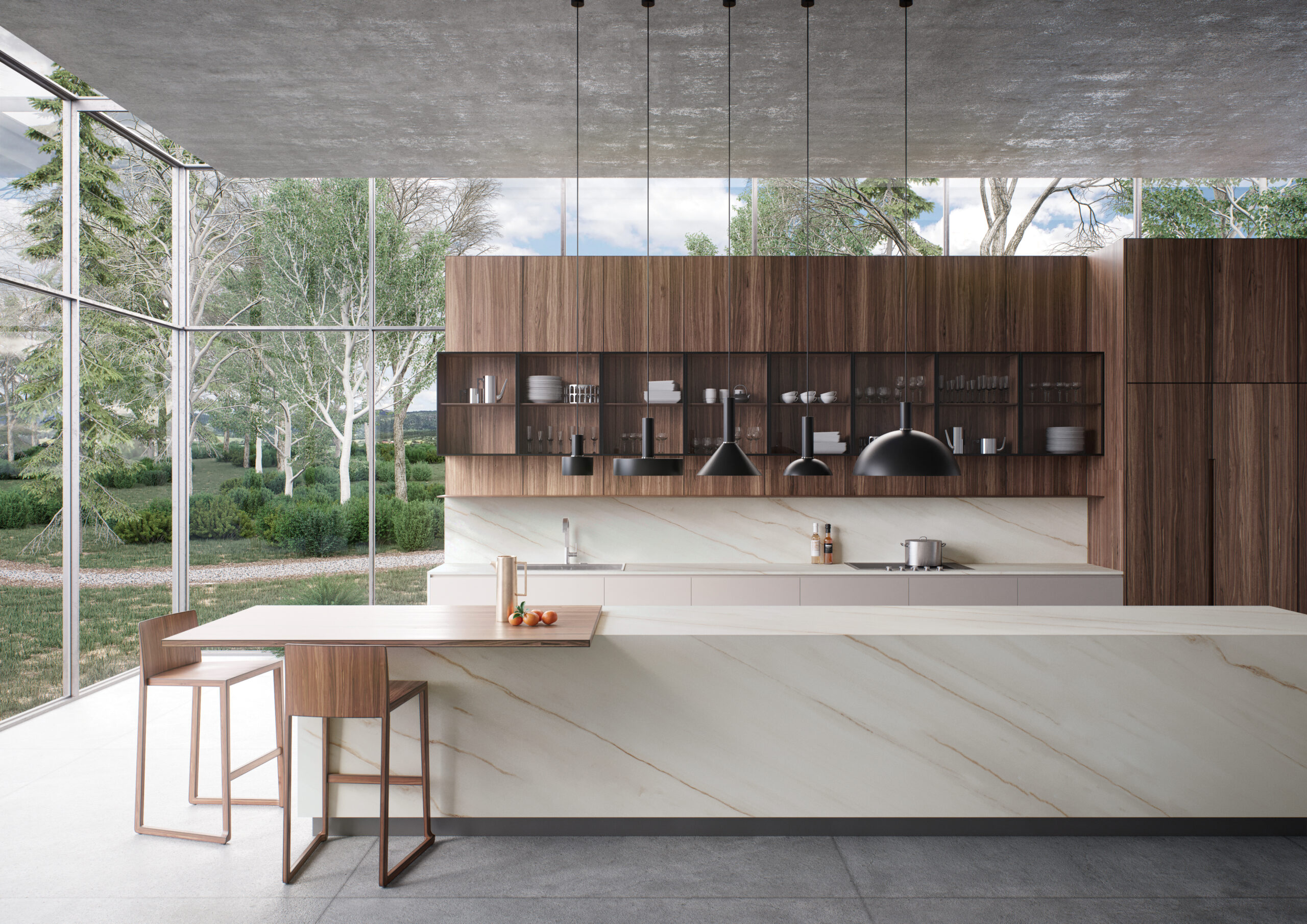 Contemporary kitchen with large windows, wood cabinetry, and Caesarstone porcelain countertops and backsplash in a creamy marble pattern.